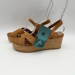 Toms Willow Cork Wedge Slingback Sandals Suede Leather Camel Color Size 11